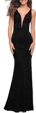 La Femme Chic Stretch Lace Gown with Deep V Neckline