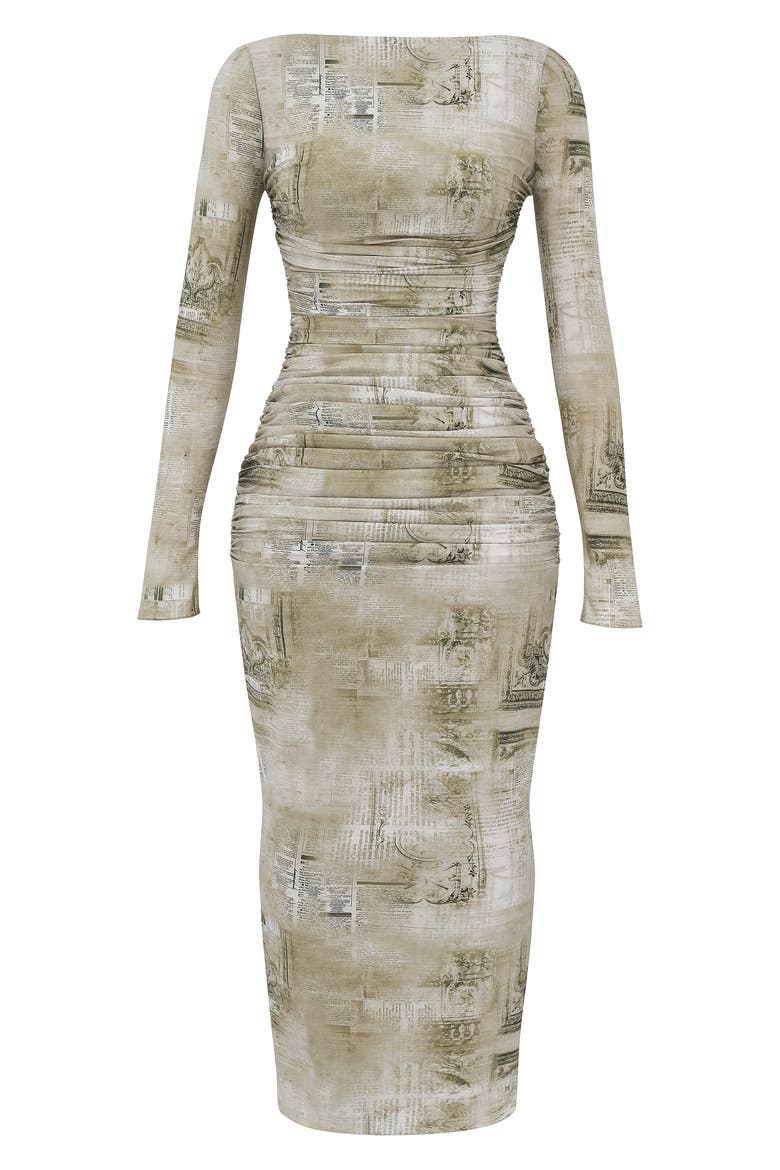 Lanetta Ruched Bateau Neck Long Sleeve Georgette Dress, Alternate, color, SAND PRINT