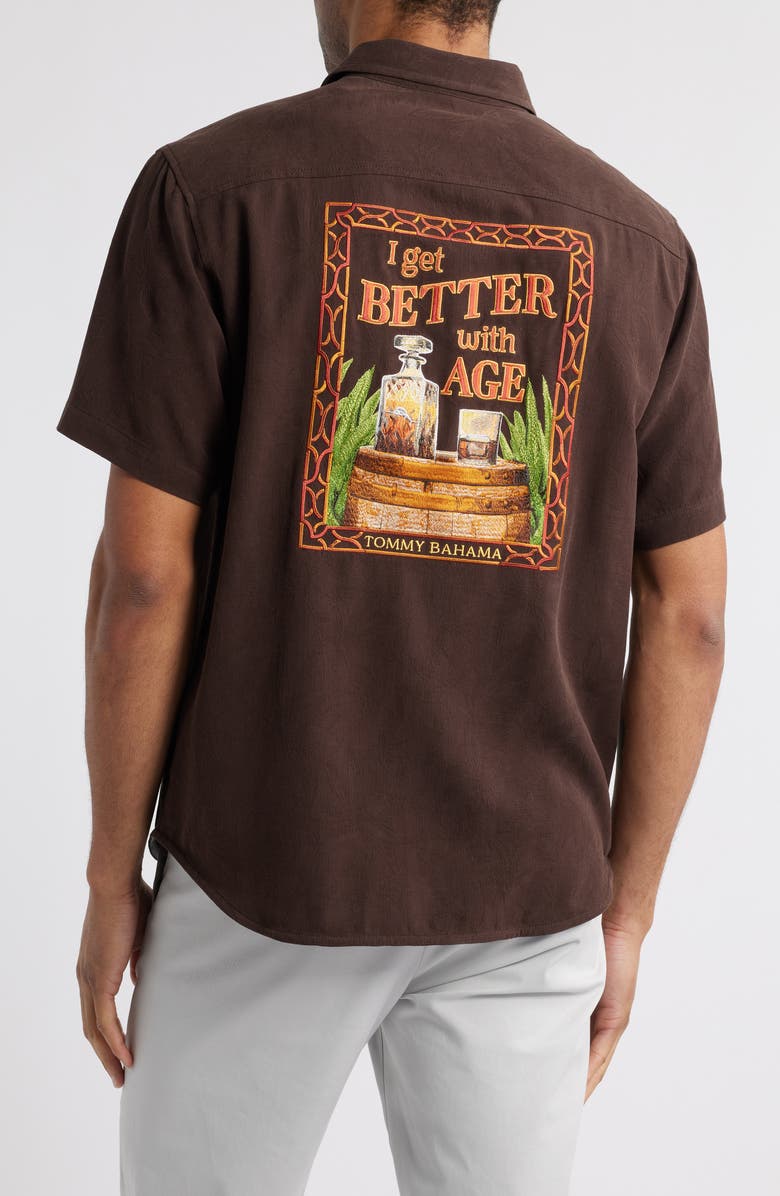 Tommy Bahama Better with Age Short Sleeve Silk Graphic Button-Up Shirt, Alternate, color, Brandy