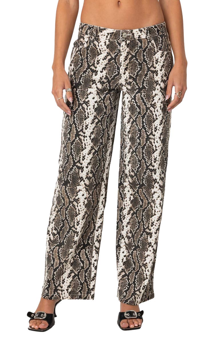 EDIKTED Snakeskin Print Low Rise Wide Leg Jeans, Main, color, Snake