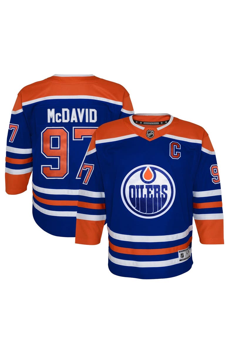 Outerstuff Youth Connor McDavid Royal Edmonton Oilers Home Premier Player Jersey, Main, color,