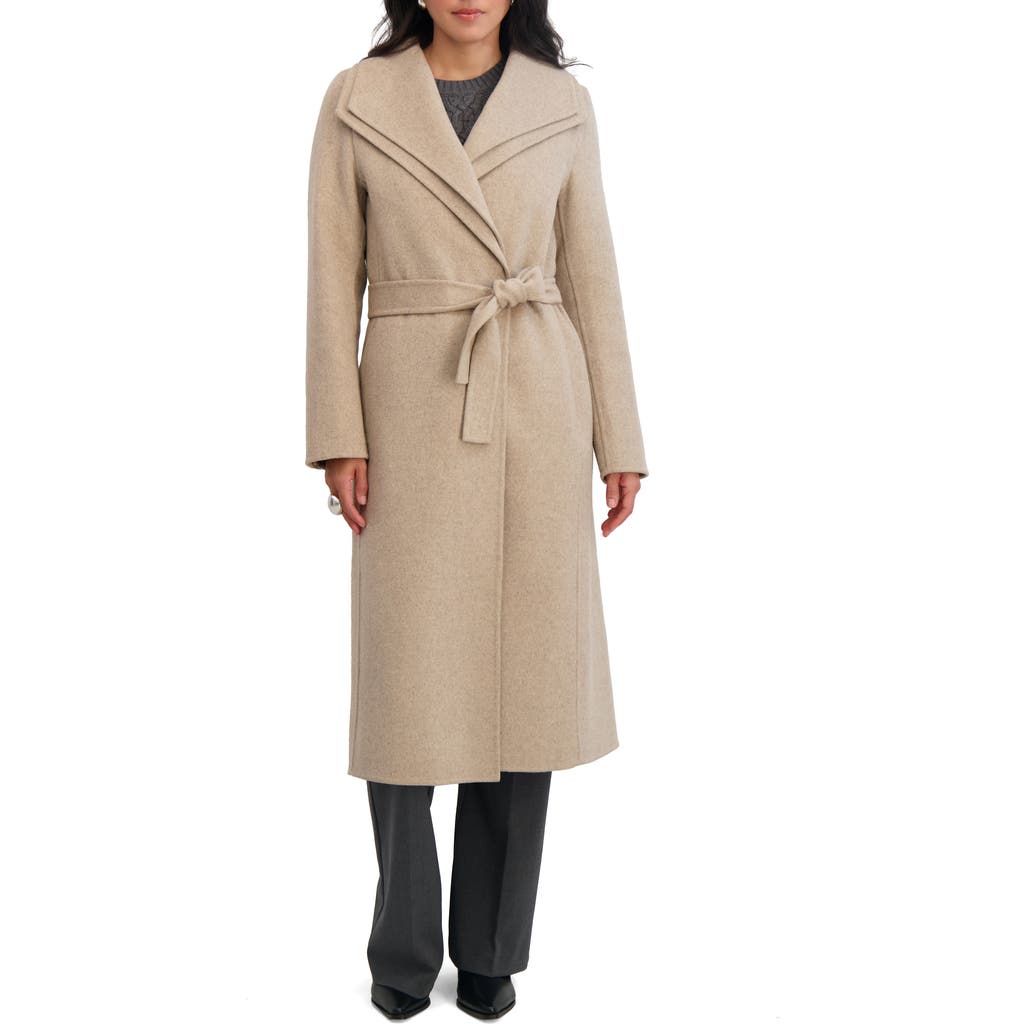 Tahari Elliot Tie Waist Wool Blend Coat In Neutral