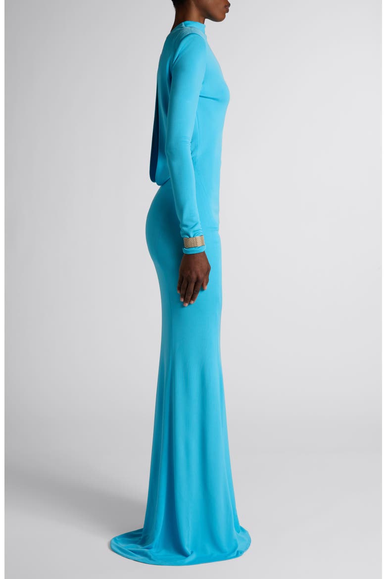 Long Sleeve Crepe Jersey Gown, Alternate, color, AQUA BLUE