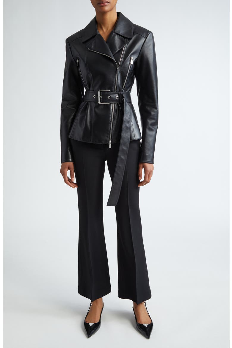 Belted Plongé Leather Moto Jacket, Alternate, color, BLACK