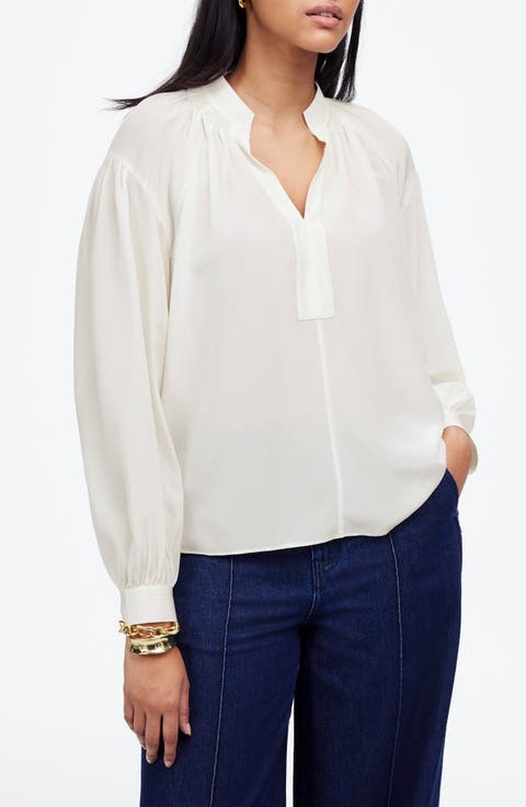 Shirred Long Sleeve Silk Top
