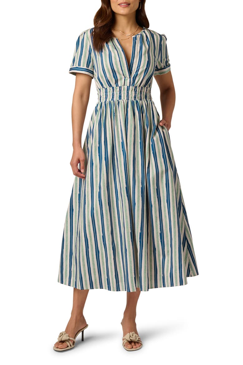 Stripe Smocked Waist Midi Dress, Main, color, ECRU/ NAVY