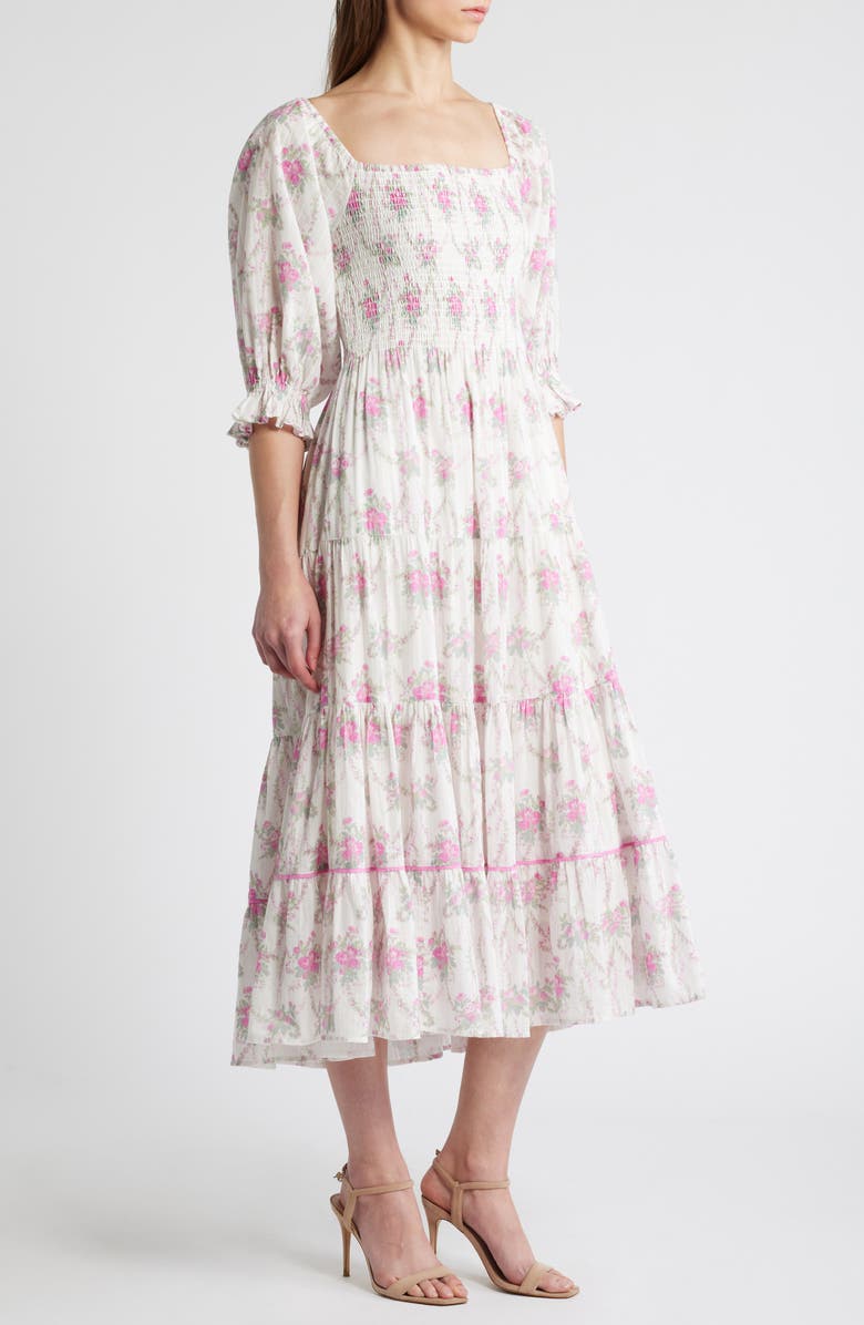 LoveShackFancy Rigby Floral Tiered Cotton Midi Dress, Alternate, color, 
