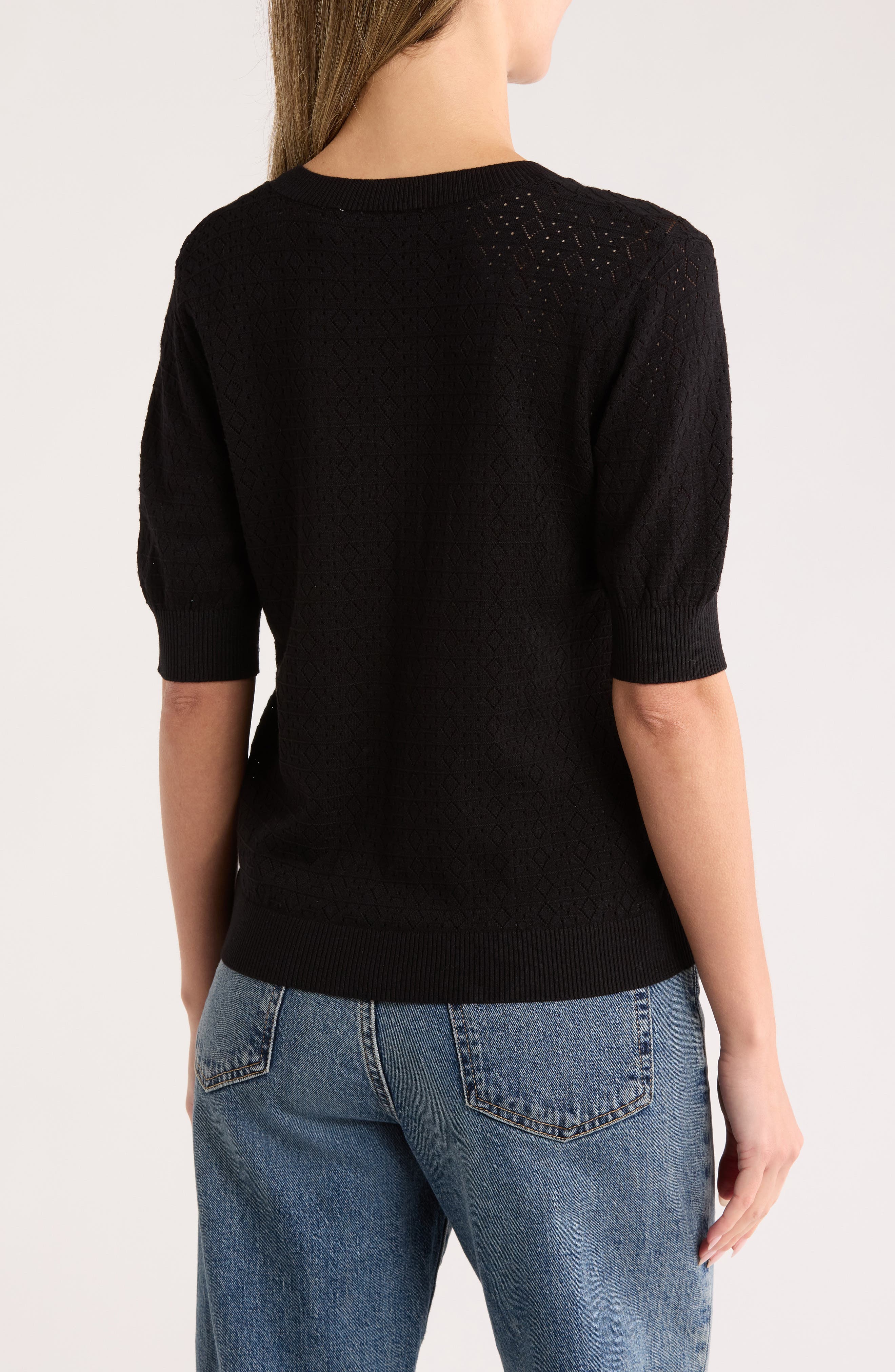 T Tahari Mitered Pointelle V-Neck Short Sleeve Sweater (Women ...