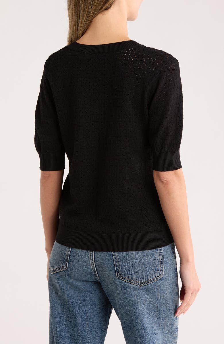 T Tahari Mitered Pointelle V-Neck Short Sleeve Sweater, Alternate, color,