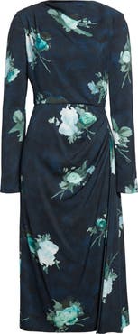 Erdem Abstract Rose Print Draped Long Sleeve Stretch Cady Midi Dress