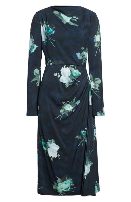 Erdem Abstract Rose Print Draped Long Sleeve Stretch Cady Midi Dress In Blue