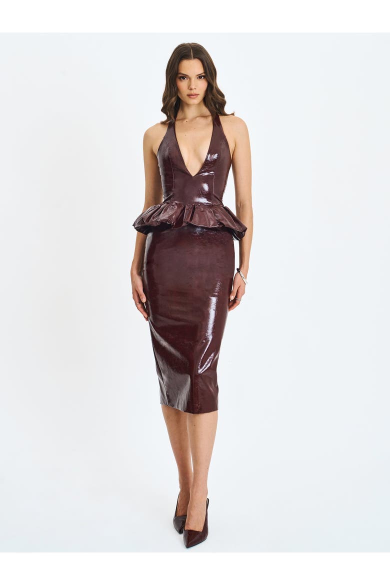 Jaslene Ruched Peplum Plunge Halter Midi Dress, Alternate, color, Mahogany
