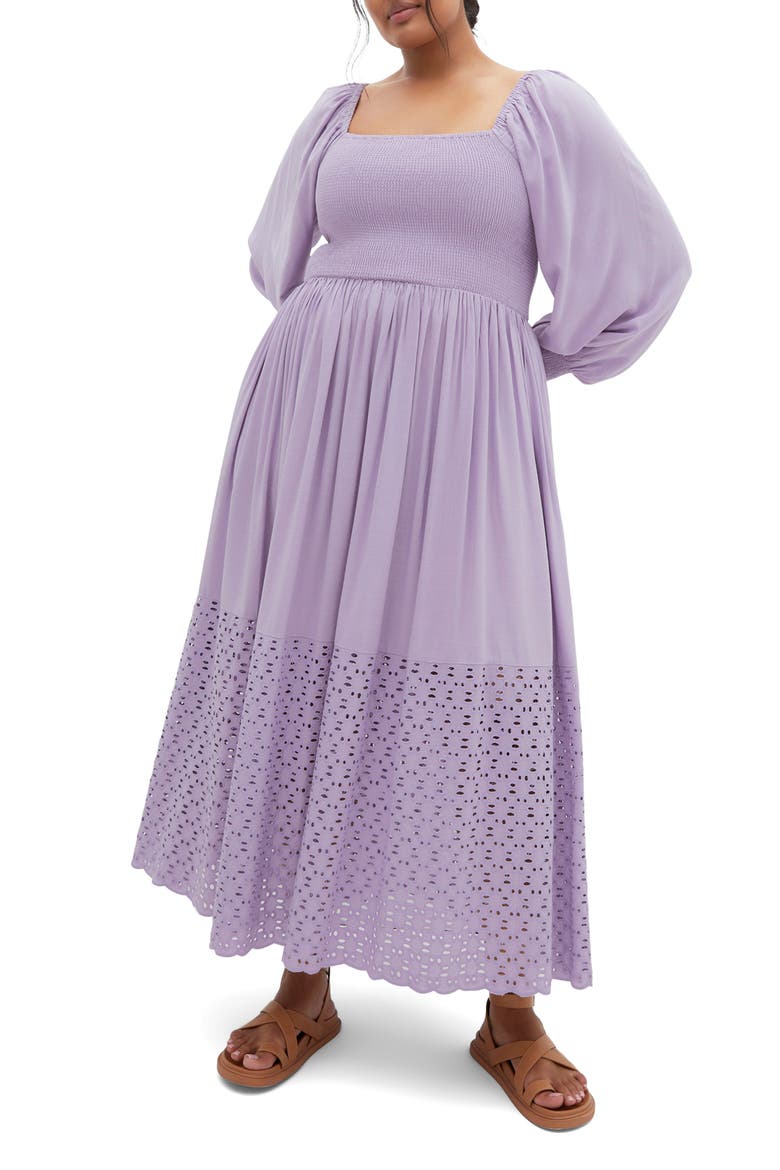 Tess Eyelet Long Sleeve Midi Dress, Main, color, LAVENDER