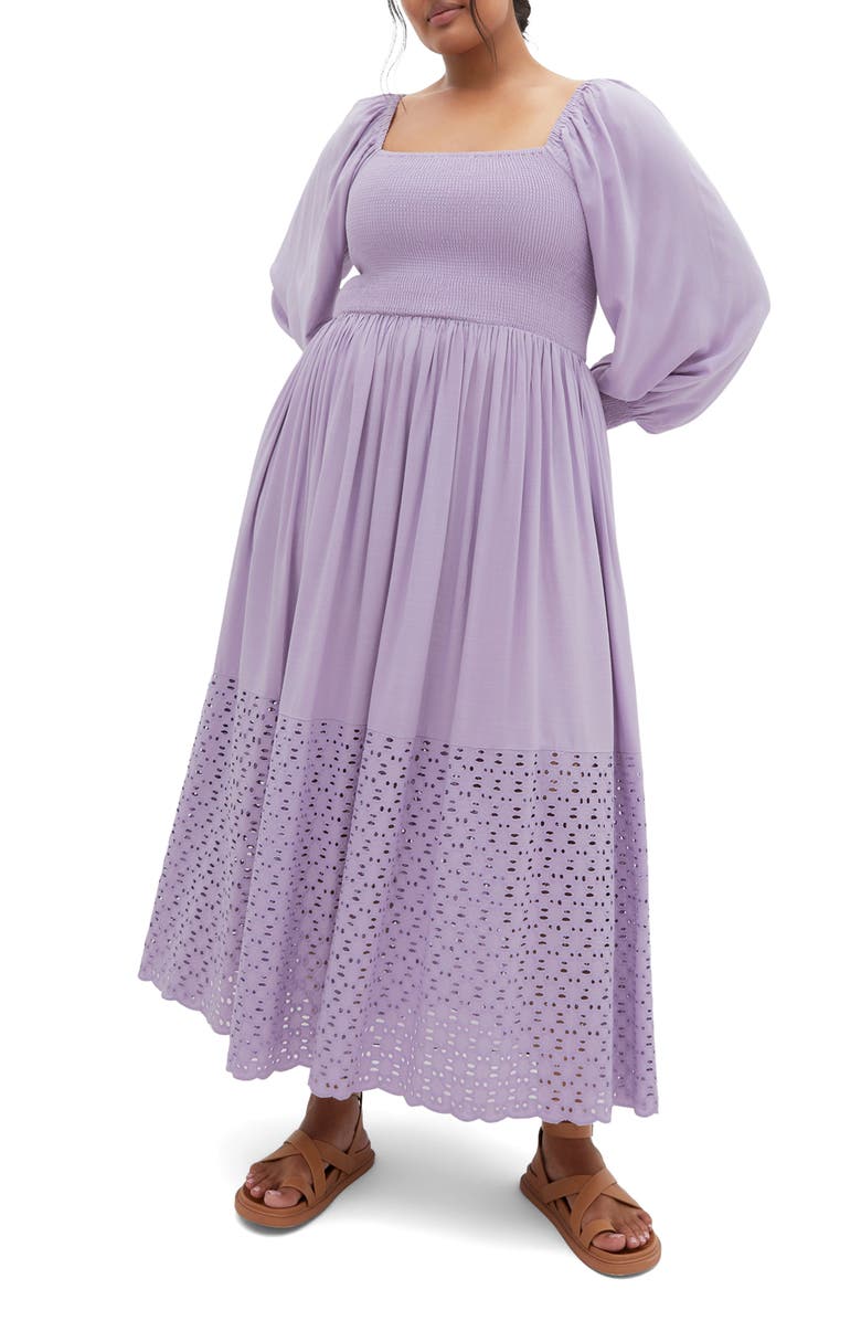 City Chic Tess Eyelet Long Sleeve Midi Dress, Main, color, Lavender