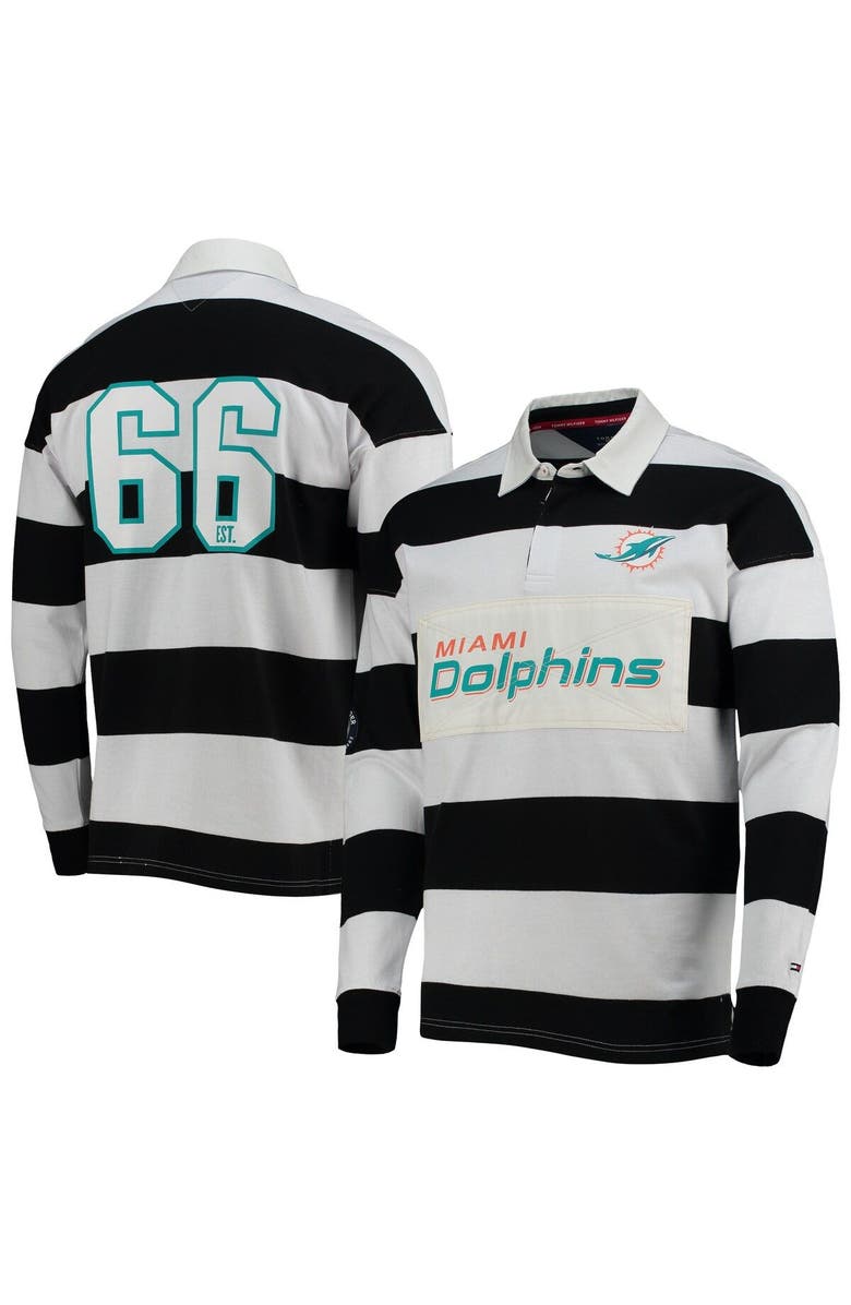 Tommy Hilfiger Men's Tommy Hilfiger Black/White Miami Dolphins Varsity Stripe Rugby Long Sleeve Polo, Main, color,