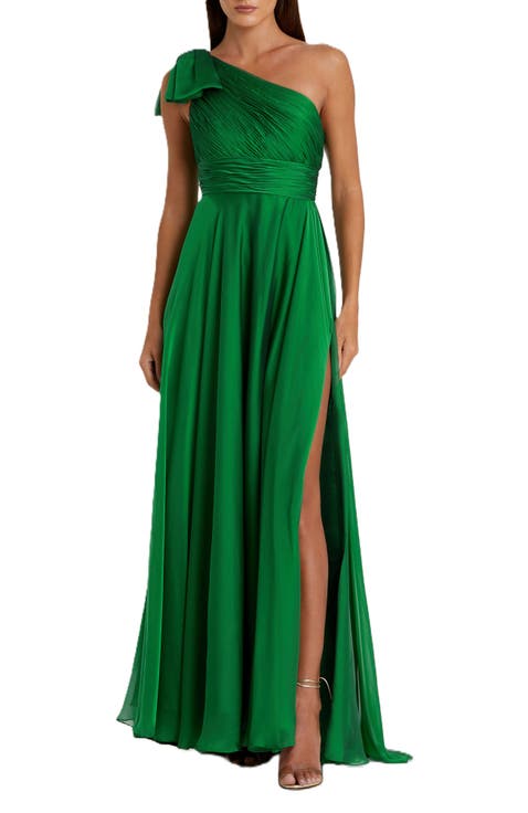 ★Mac Duggal★ Green ワンショルダー トラペーズ Aラインドレス Green Embellished Bow One Shoulder A Line Gown - Mac Duggal