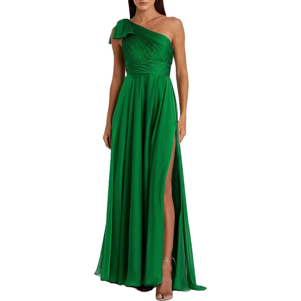 Mac Duggal Pleated One Shoulder Chiffon Gown In Emerald