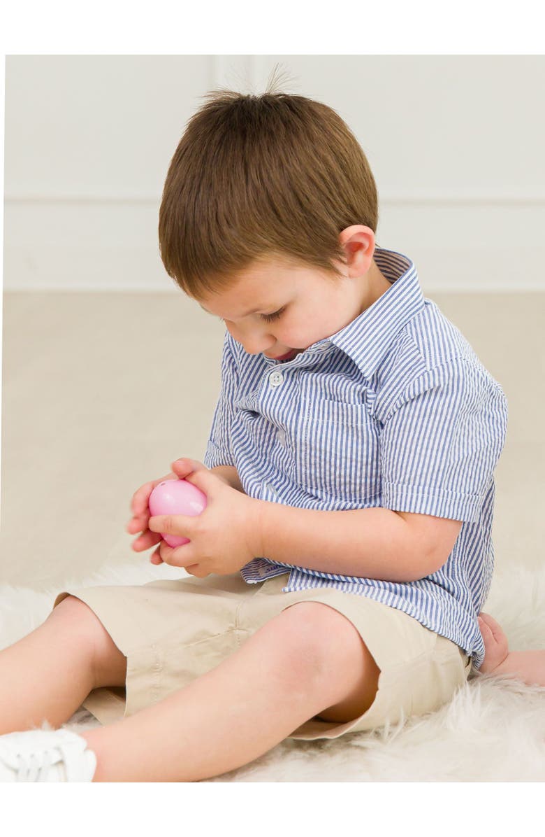 RuffleButts Boys Short Sleeve Button Down Shirt, Alternate, color, Classic Blue Seersucker