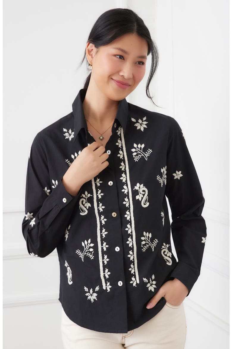 Embroidered Cotton Button-Up Shirt, Alternate, color, BLACK/ TAN