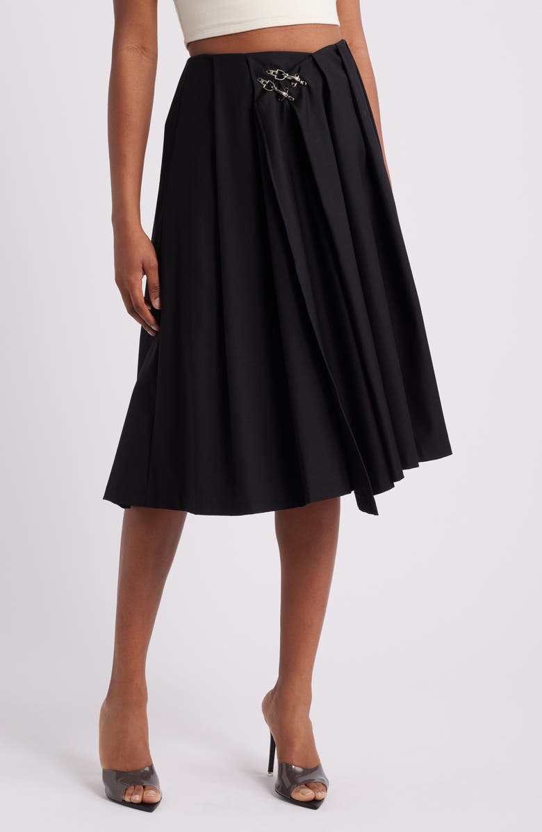 Mistress Rocks Pleated Wrap Front Midi Skirt, Main, color, Black
