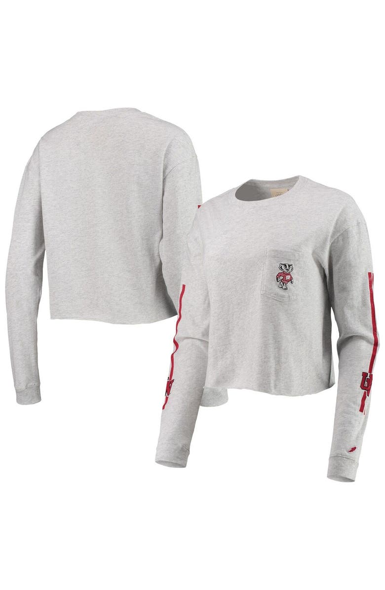 LEAGUE COLLEGIATE WEAR Women's League Collegiate Wear Heathered Gray Wisconsin Badgers Clothesline Cotton Midi Crop Long Sleeve T-Shirt, Main, color, 