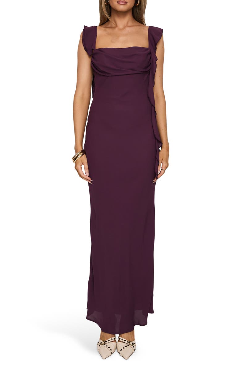 Princess Polly Lanai Ruffle Sleeveless Maxi Dress, Main, color, Plum