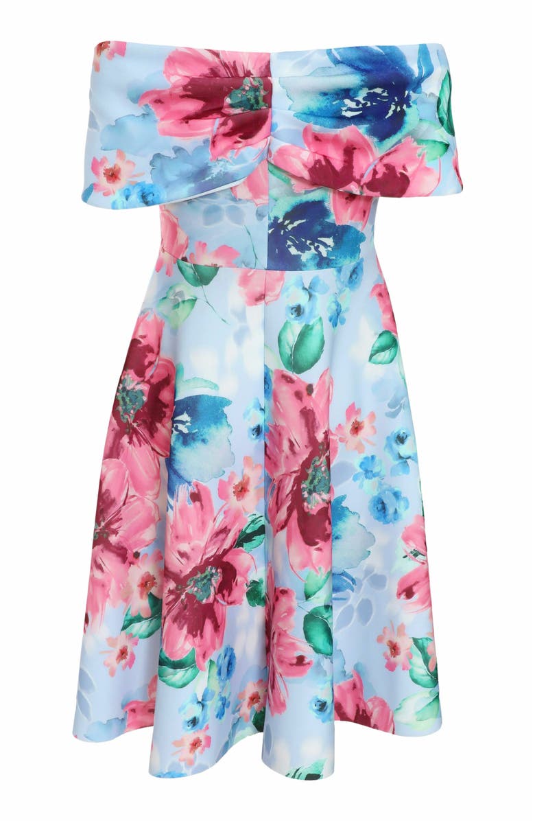 QUIZ Plus Size Scuba Knit Floral Bardot Skater Midi Dress, Alternate, color, Blue