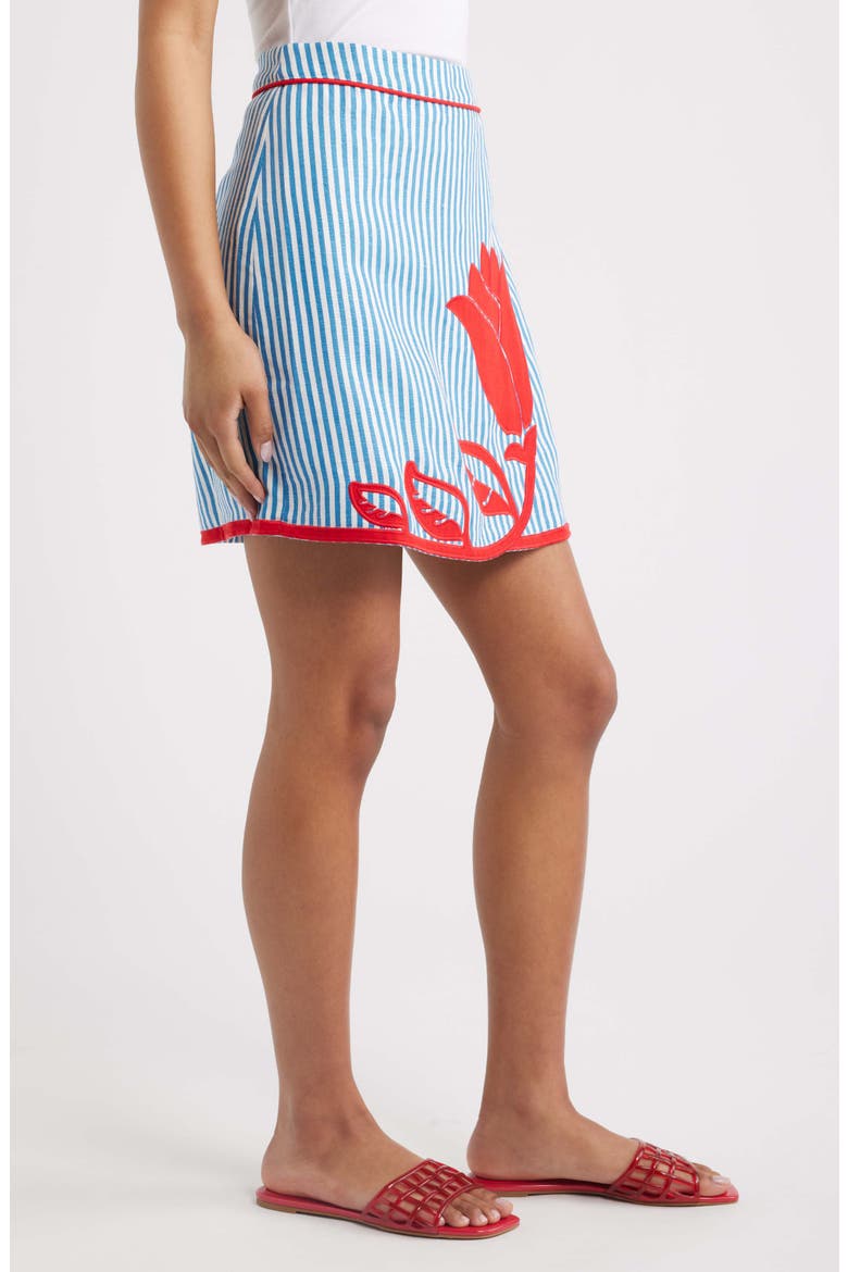 Blue Sky Stripes Floral Appliqué Linen Blend Wrap Miniskirt, Alternate, color, BLUE
