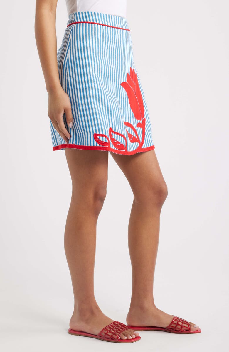 FARM Rio Blue Sky Stripes Floral Appliqué Linen Wrap Miniskirt, Alternate, color, Blue