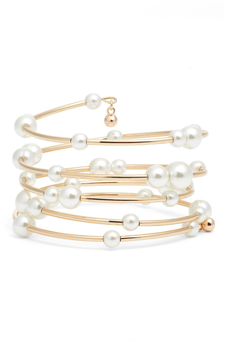 Scattered Faux Pearl Coil Bracelet, Main, color, WHITE- GOLD