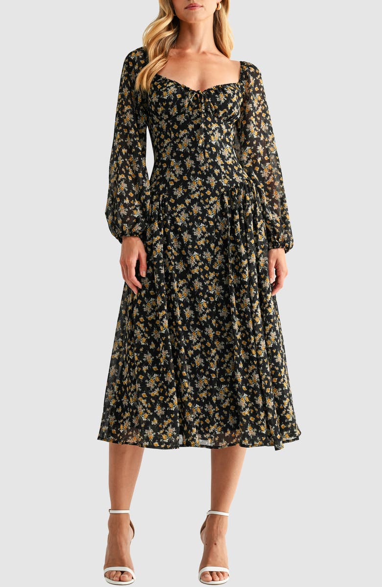 All in Favor Floral Long Sleeve Dress, Main, color, Black Mustard Floral