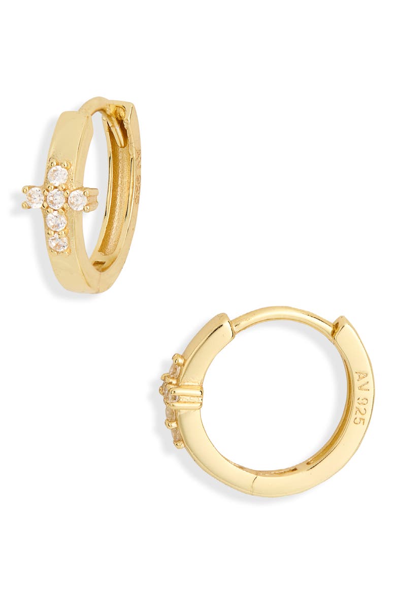 Pavé Cross Crystal Huggie Hoop Earrings, Main, color, GOLD