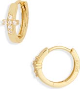 Argento Vivo Sterling Silver Pavé Cross Crystal Huggie Hoop Earrings