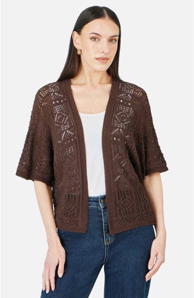 Yumi Crochet Edge To Edge Cardigan, Main, color, Brown