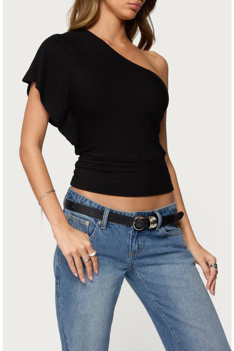 Ruched One-Shoulder Crop Top, Alternate, color, BLACK