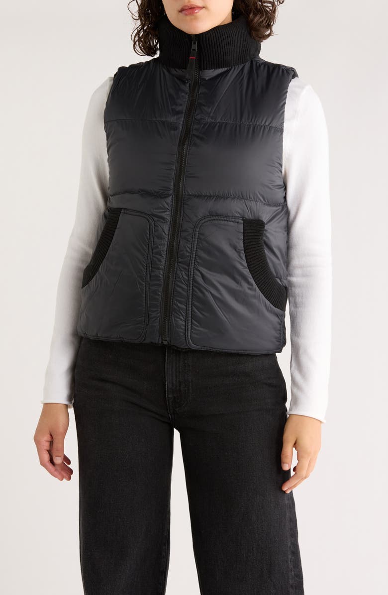 Marine Layer Alba Reversible Cable Knit Puffer Vest, Alternate, color, Black