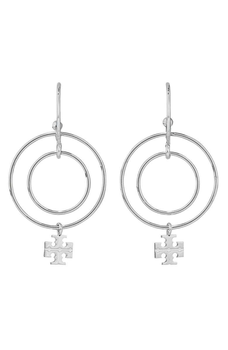 Tory Burch Logo Wire Hoop Drop Earrings, Main, color, 