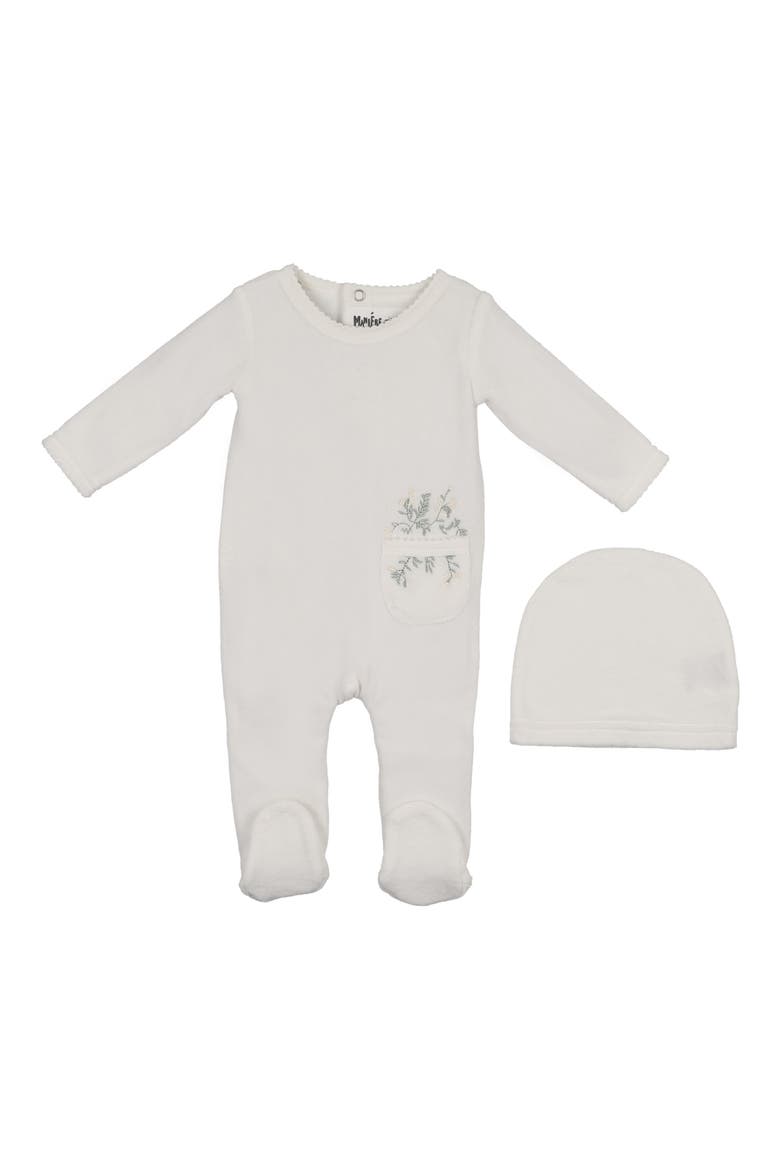 Velour Pocket Cotton Blend Footie & Beanie Set, Main, color, WHITE