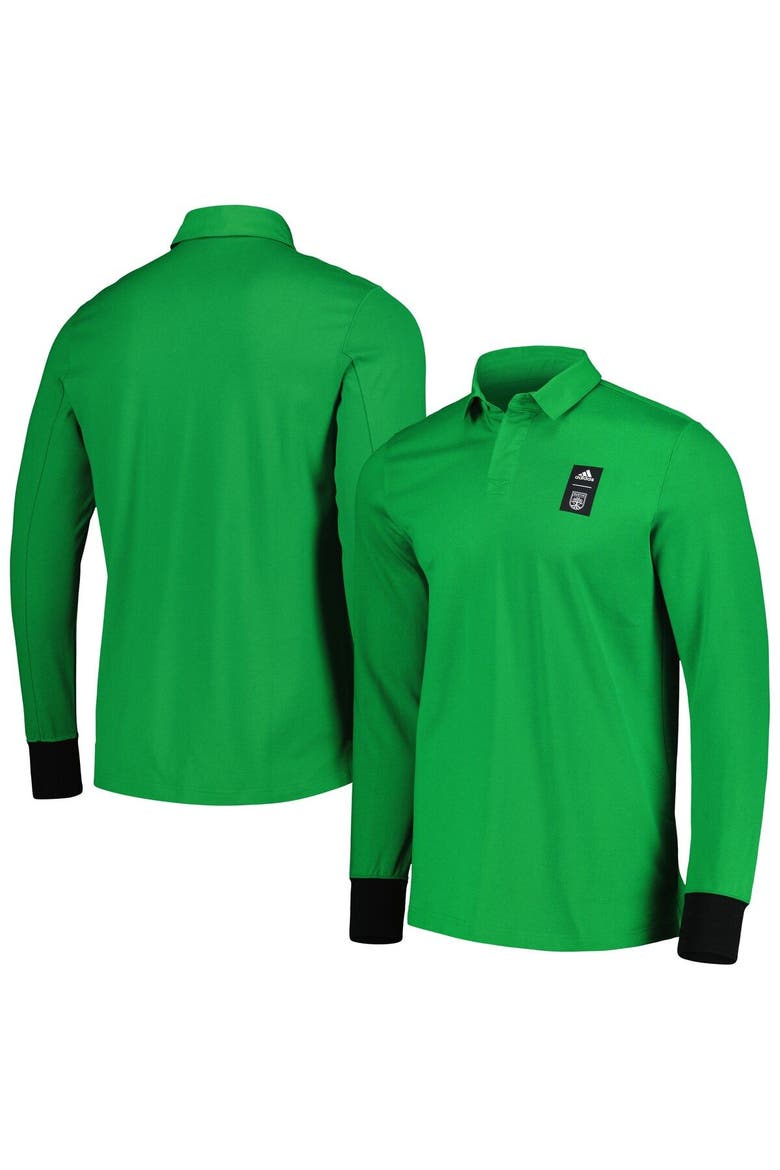Men's adidas 2023 Player Green Austin FC Travel Long Sleeve Polo, Main, color, Green