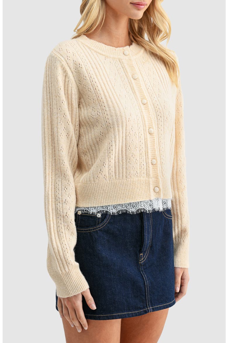 Lace Trim Pointelle Cardigan, Alternate, color, BUTTER