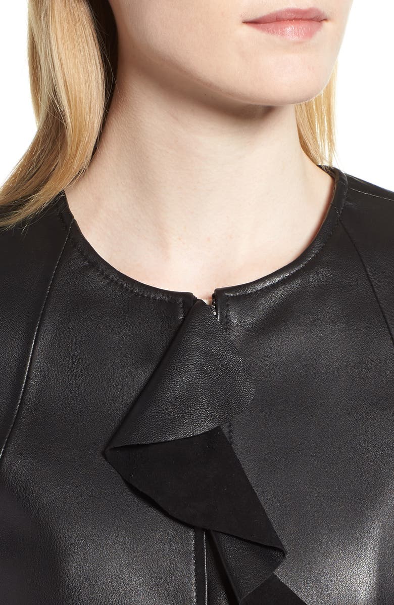 Via Spiga Center Ruffle Leather Jacket, Alternate, color, 