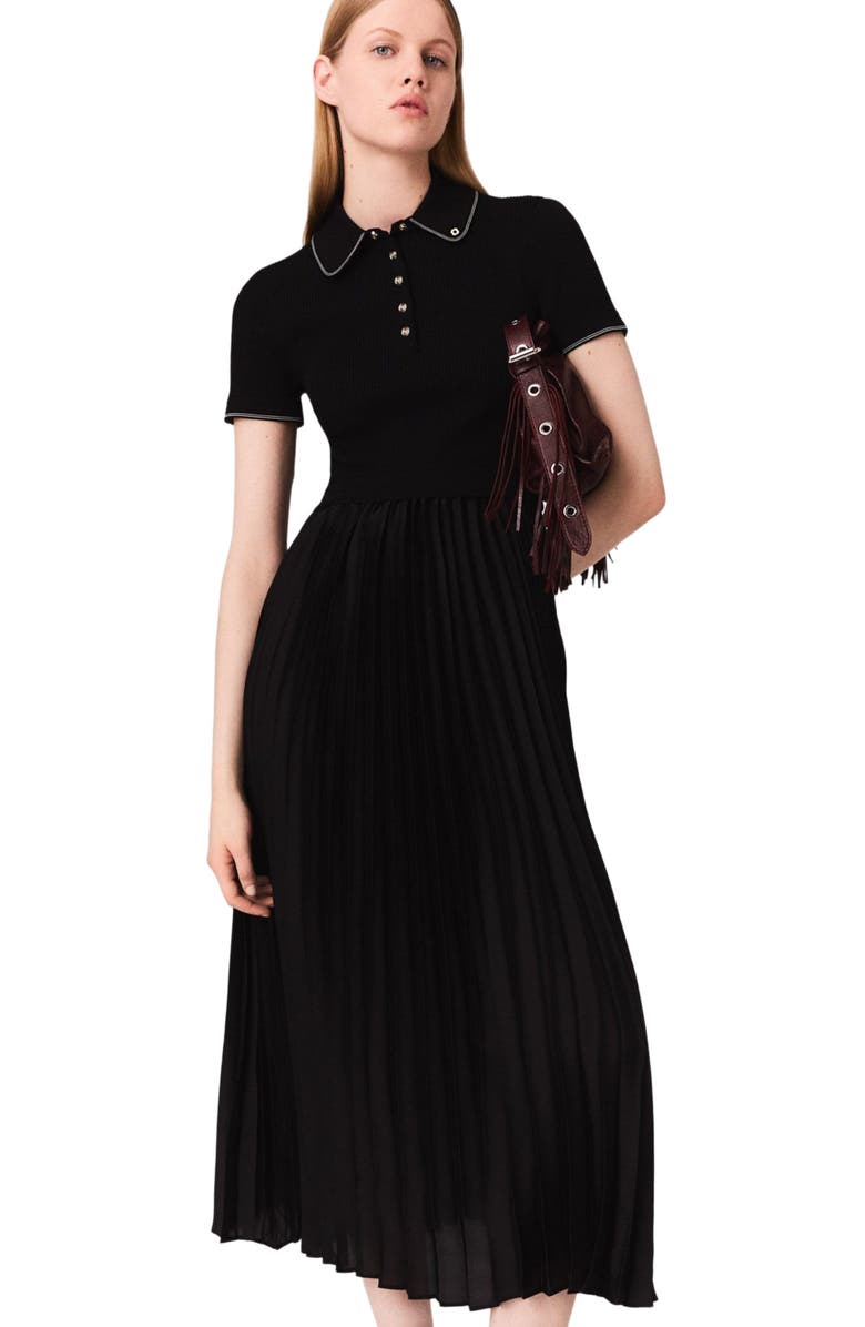 maje Pleated maxi dress with polo collar, Alternate, color, Black