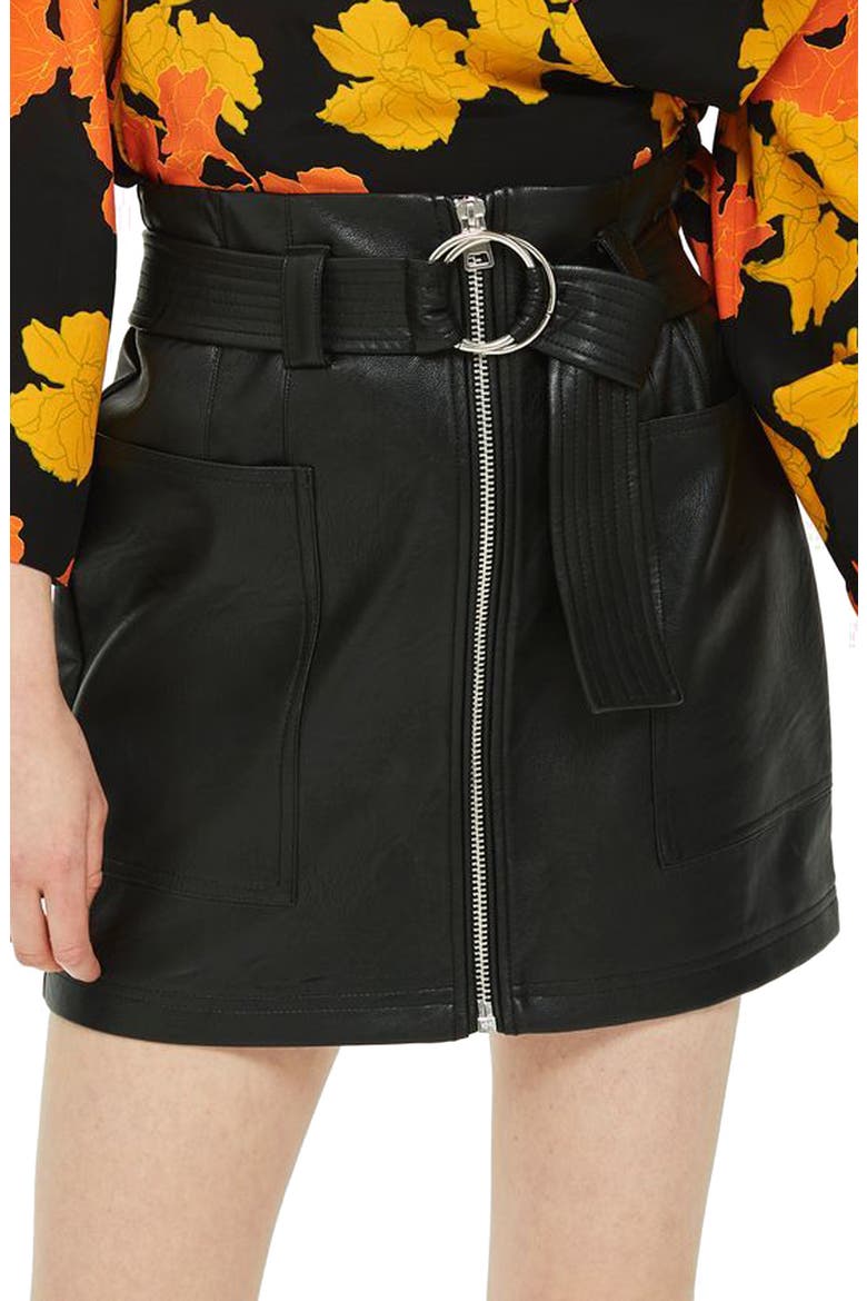 Front Zip Faux Leather Miniskirt, Main, color, BLACK