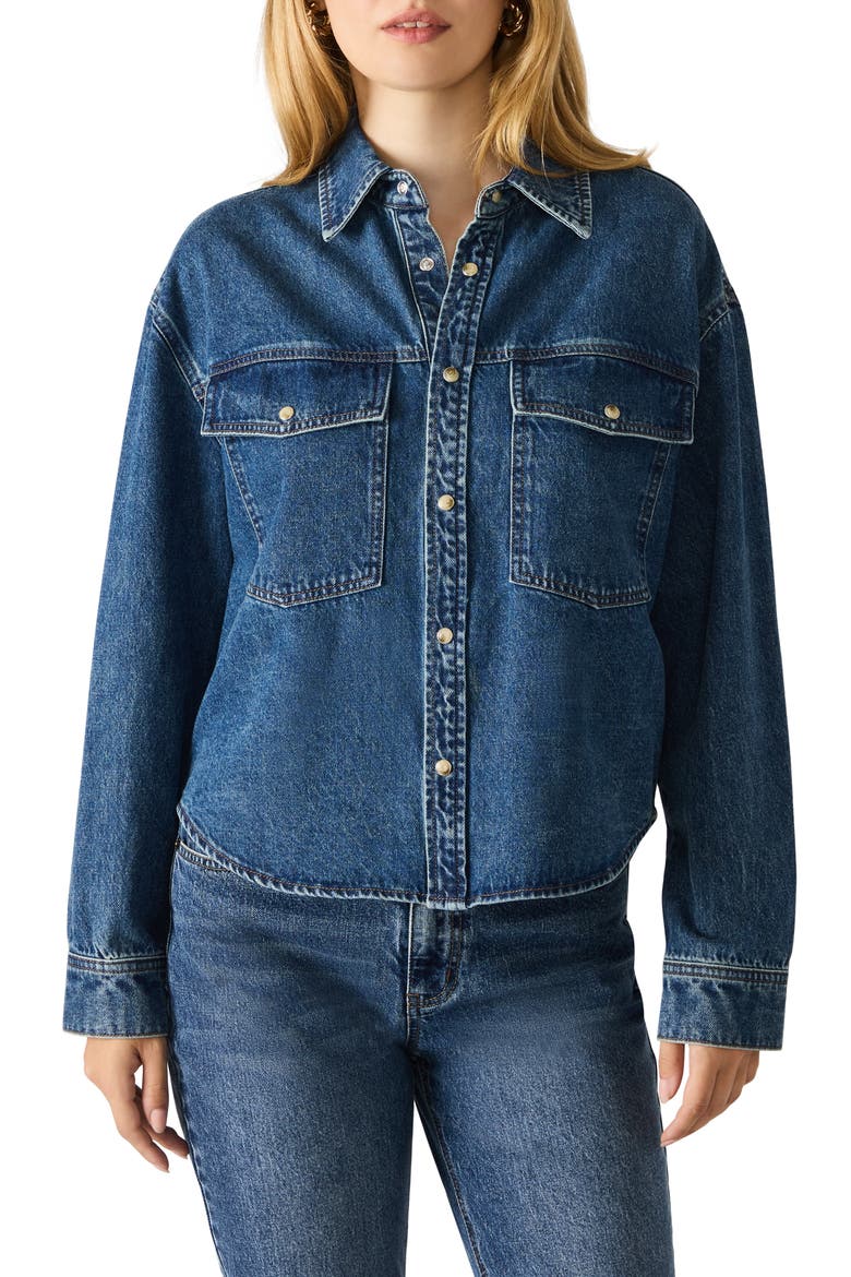 Judith Cotton Denim Snap-Up Shirt, Main, color, DARK NAVY