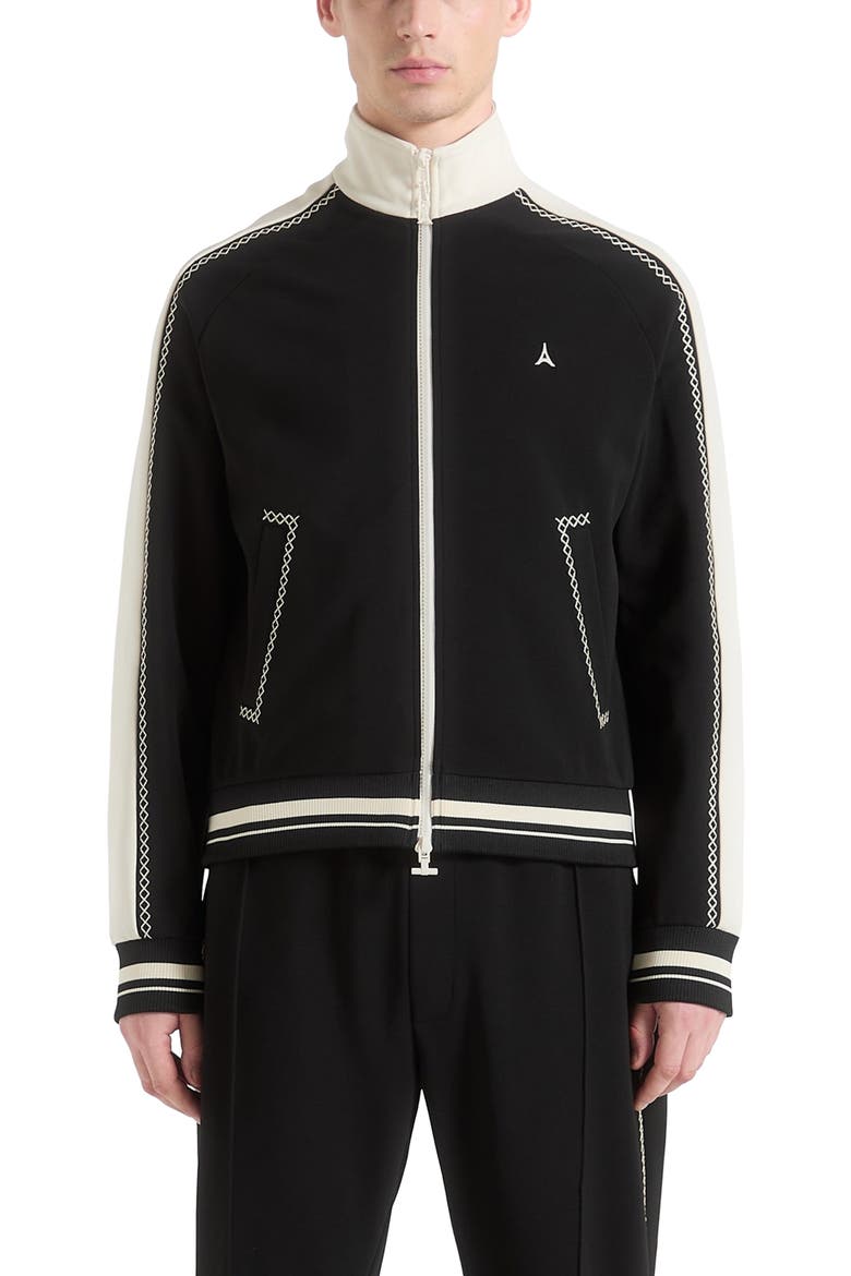 Tristan Contrast Whipstitch Raglan Track Jacket, Alternate, color, Black