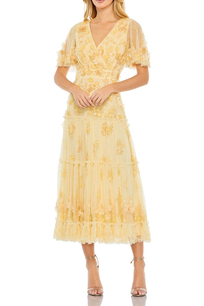 Floral Beaded Embellished Flutter Sleeve Tiered Dress, Main, color, Butter