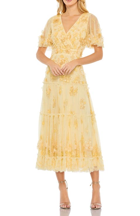 Floral Beaded Embellished Flutter Sleeve Tiered Dress