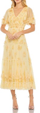 Mac Duggal Floral Beaded Embellished Flutter Sleeve Tiered Dress