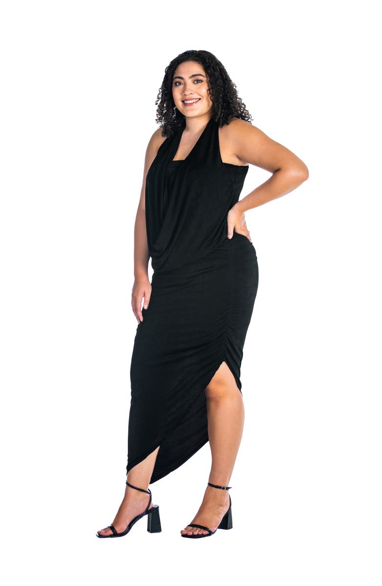 24seven Comfort Apparel Cowl Neck Long Asymmetrical Backless Halter Dress, Alternate, color, Black