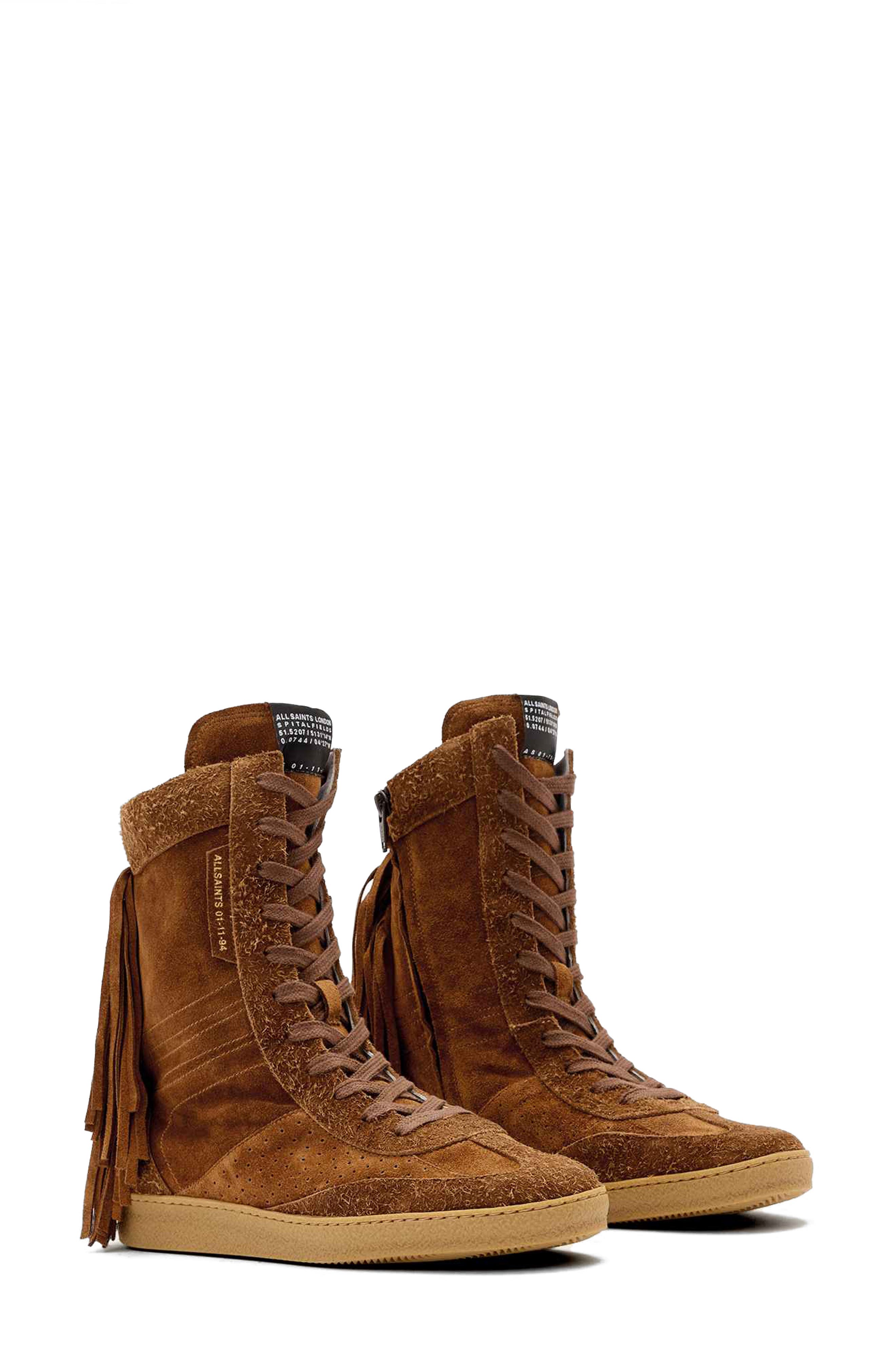 AllSaints Louise Fringe High Top Sneaker, Main, color, Tan Brown